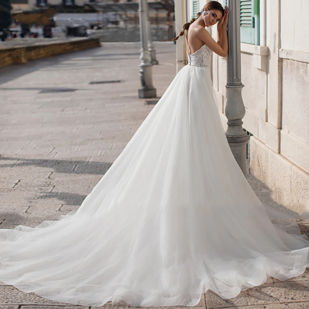 Великолепное свадебное платье Русалка с съемным шлейфом и кружевной аппликацией
