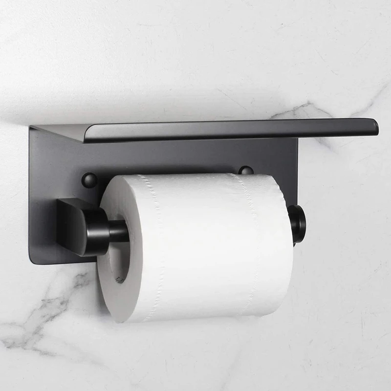 

304 Stainless Steel Paper Horders Wall Mount Punch Free Paper Holder Bathroom Tissue Holder with Mobile Phone Storage Shelf