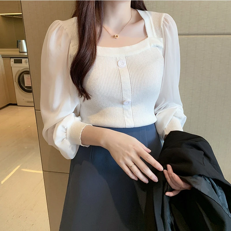 

Autumn Winter Basic Knitting Bottoming Warm Sweaters 2021 Women Gentle Buttons Pullovers Square Neck Long-Sleeved Short Tops