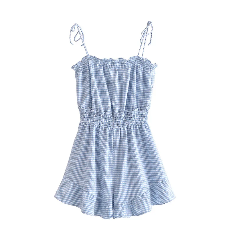 Летний женский клетчатый комбинезон с деревянными ушками |