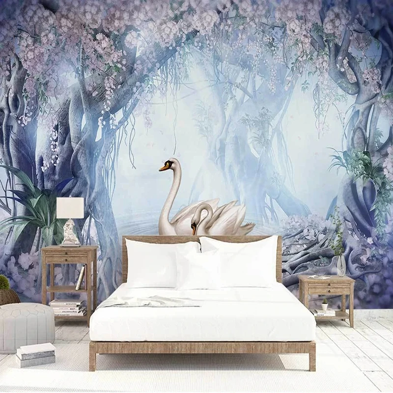 

Custom Any Size 3D Wallpaper Self-Adhesive Swan Romantic Forest Background Wall Painting Fresco Papel De Parede Sticker Tapety