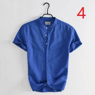 

Small fresh stand collar short-sleeved cotton shirt men's summer art casual shirt Korean version of the self-cultivation linen