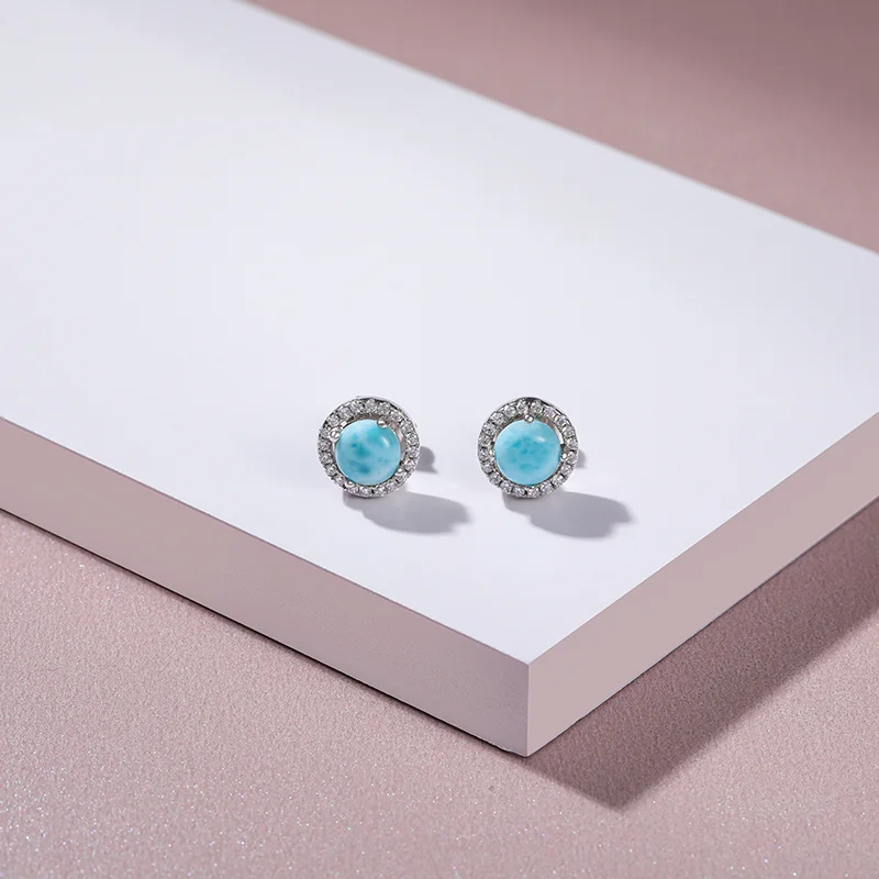 

925 Sterling Silver CZ Jewelry Classic Stud Earrings Pendant Necklace Natural Precious Larimar Top Quality Zircon Woman