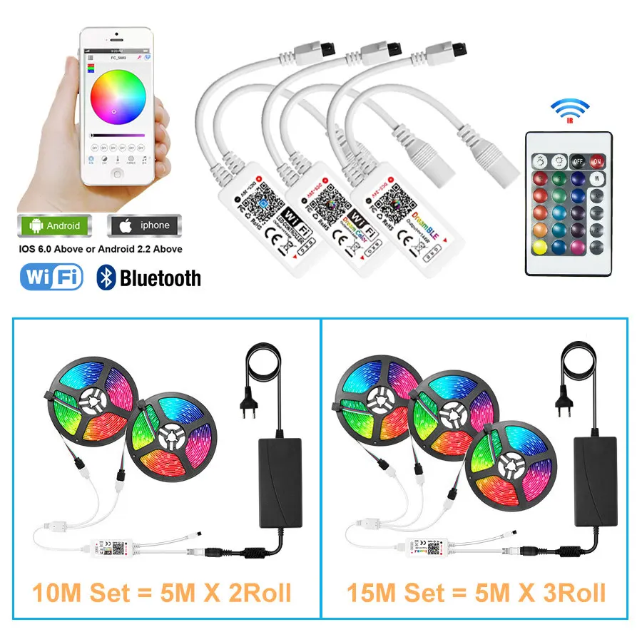 Светодиодная лента 5050 RGB WiFi умная водонепроницаемая Bluetooth 5 м 10 15 12 В