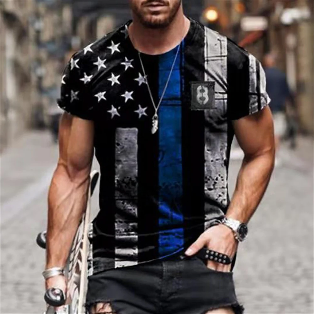 

2021 verão bandeira americana impressão 3d masculina casual moda camiseta em torno do pescoço solto oversize muscular streetwear