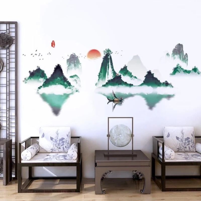 

Chinese Style Living Room Study Abstract Landscape Mountain Background Wall Decoration Warm Wall Stickers Self-adhesive