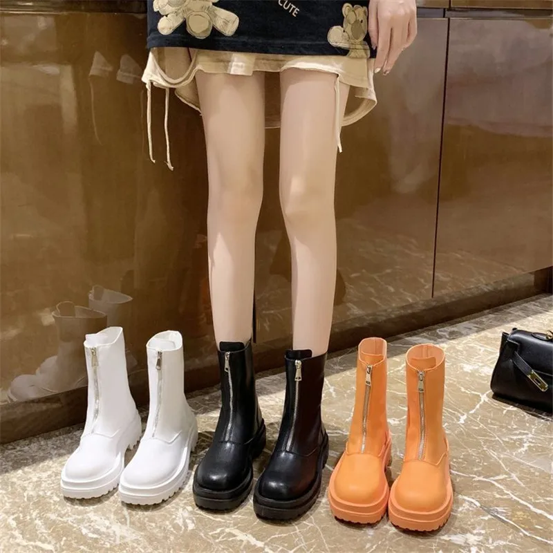 

2020 Fashion Women mid calf boot Autumn Winter Women Thick bottom Wear-resistant non-slip metal Hasp Lace up Women Cloth boot