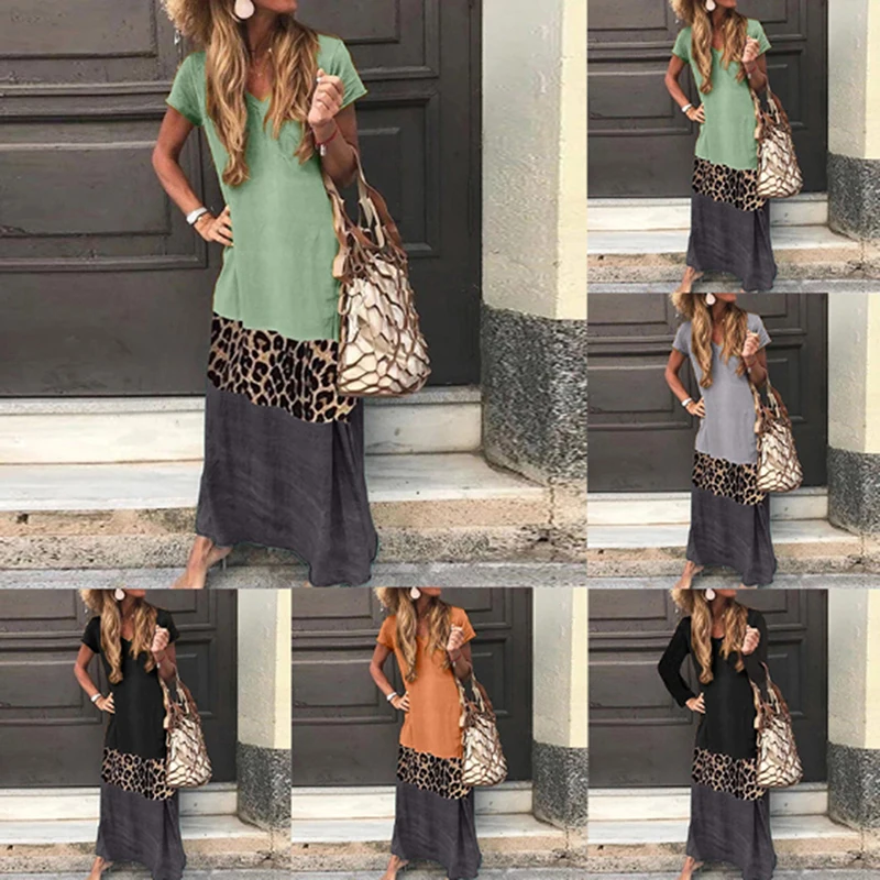 

Vintage Leopard Long Dress Plus Size Loose Beach Summer Dress Fashion Casual Women Dress Short Sleeve