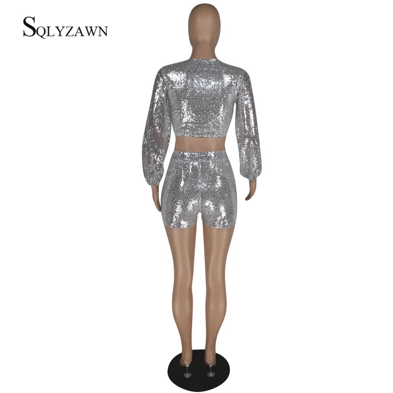 Женский комплект из двух предметов короткий топ с блестками и длинным рукавом |