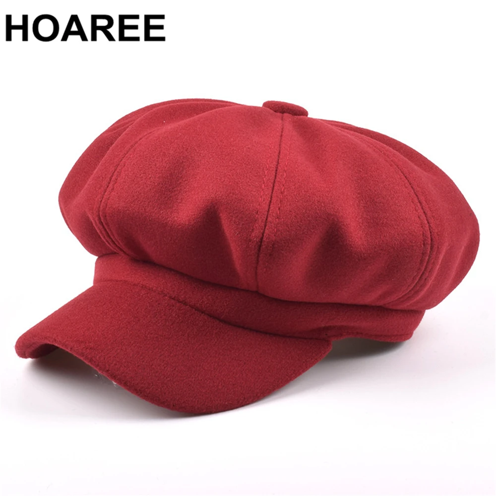 Розовая Шерстяная кепка газетчик HOAREE шапки для женщин однотонная женская шапка