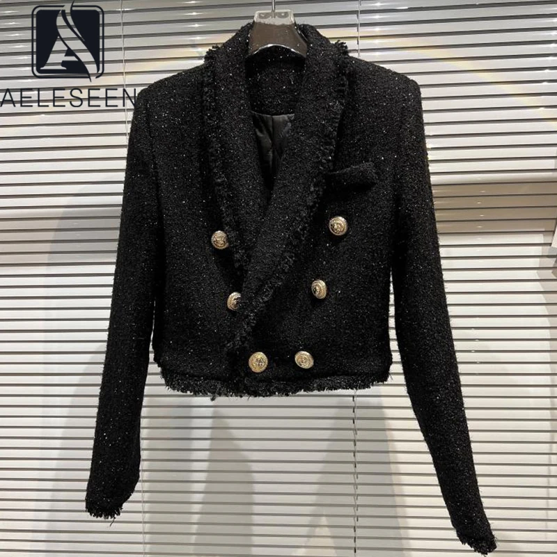 

AELESEEN Fashion Runway Autumn Winter Suit Coat Women White Black Double Breasted High Quality Ladies Tweed Heavy Coat