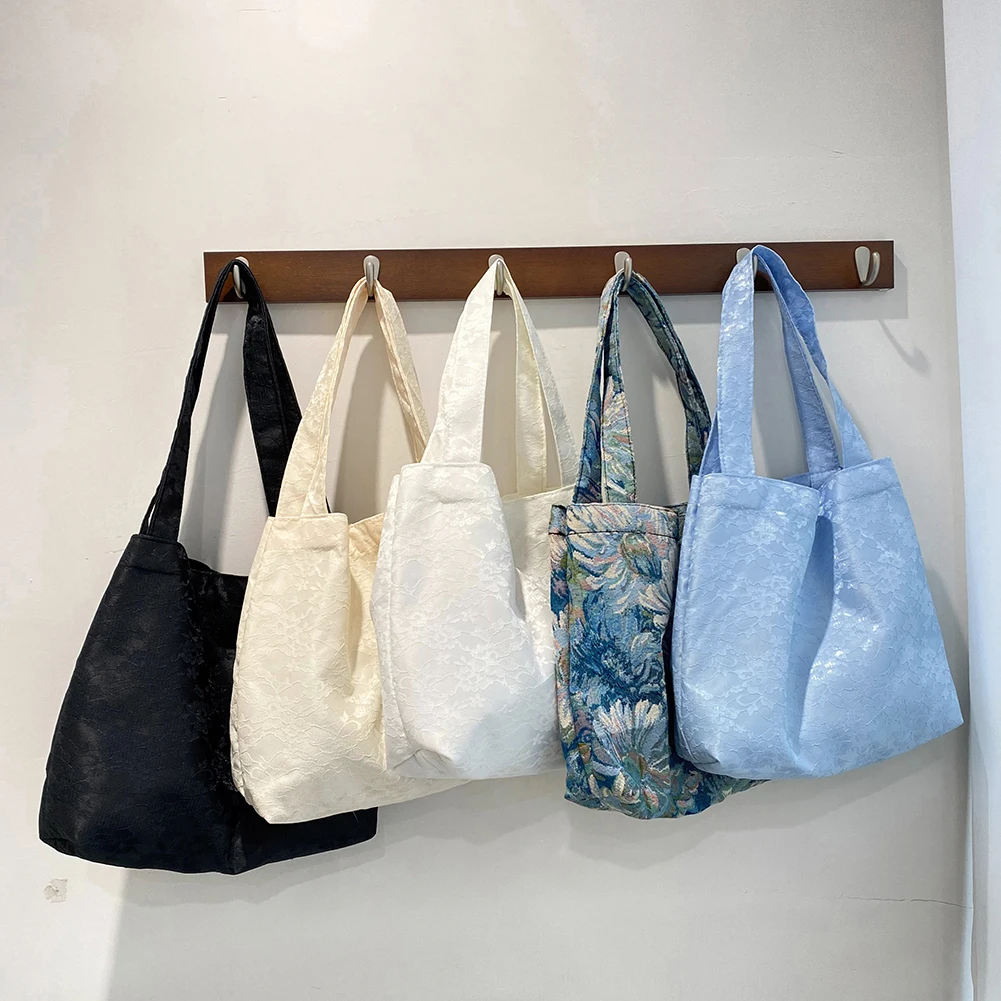 

Casual Jacquard Canvas Shoulder Shopping Bag Women Large Capacity Tote Travel Handbags Ladies Lace Flower Tote Bags