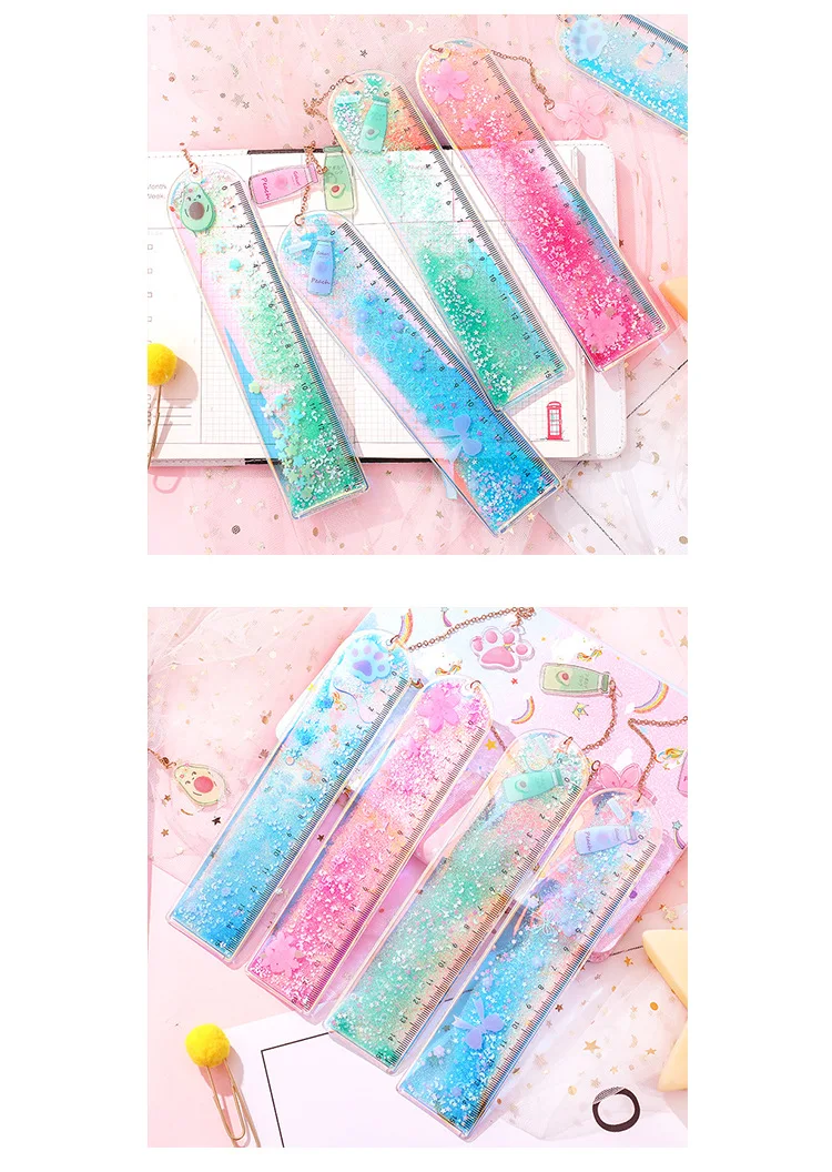 1Pcs Creative Bookmarks Cartoon Quicksand PVC Drawing Ruler Student Lovely Pendant Bookmark Stationery School Supply