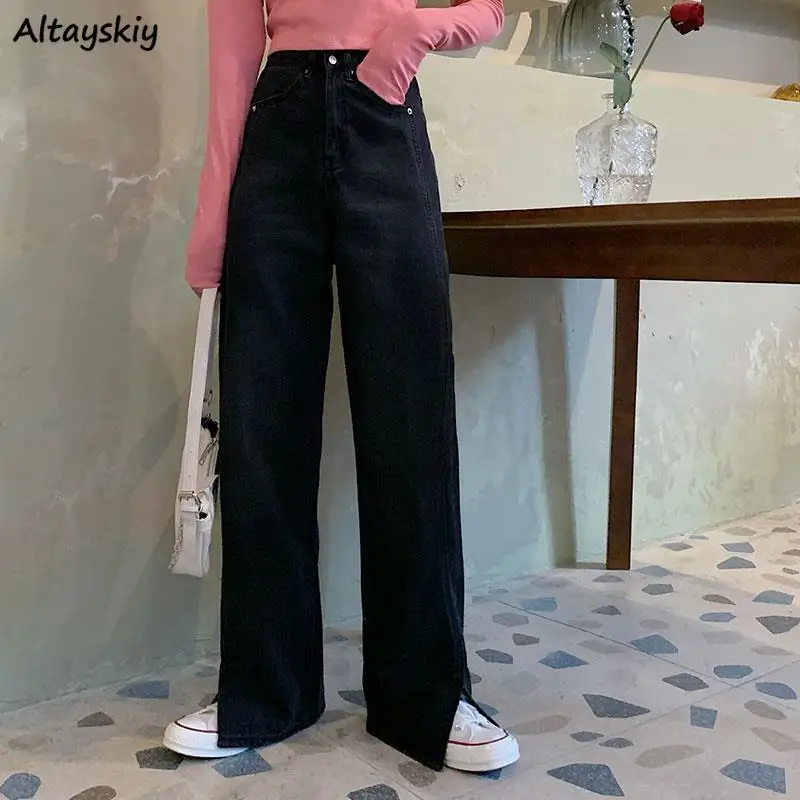 

Women Wide Leg Jeans Vintage Solid Simple Stylish Loose Casual Mopping High Street Chic Retro All-match Harajuku Side-slit S-4XL
