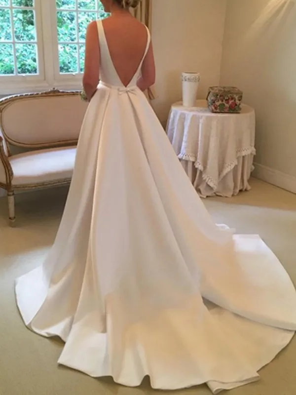 

Bateau Neck Bowknot A-Line Wedding Dress Simple, elegant and fashionable Classic Satin slim Belt Small Tailed skirt 2021