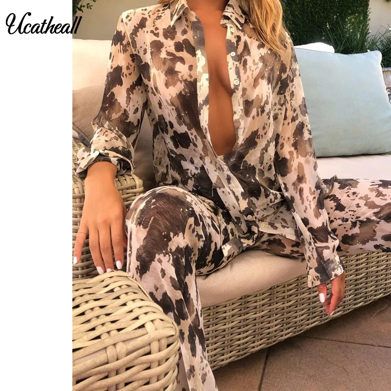 Ladies Clothes Sexy 2 Pieces Sets Trun Down Collar Print Long Coat+wide Pants Outfits Suits Party Clubwear Women Two Piece Set |