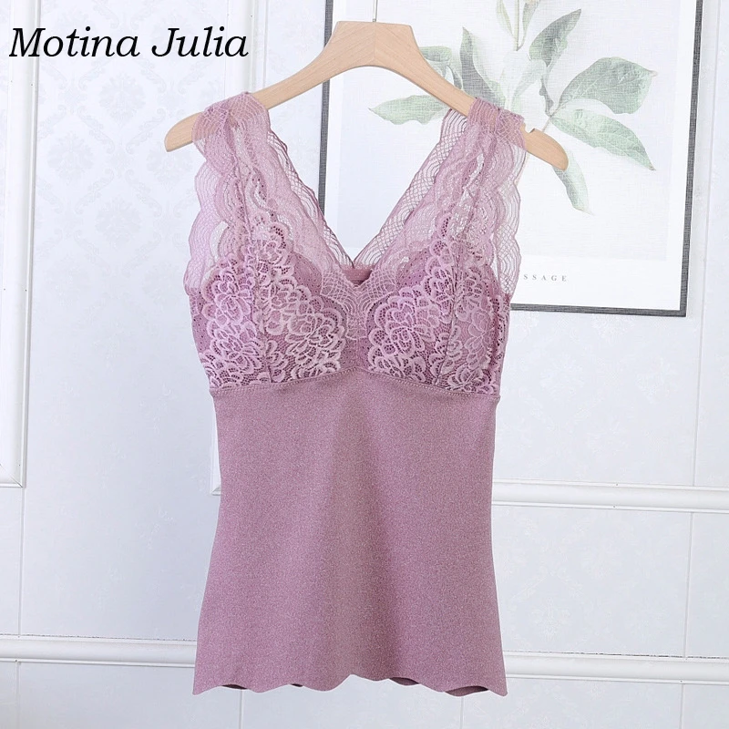Motina Julia, кружевные лоскутные теплые бархатные майки, нижнее белье, базовый Формирующий топ, женские футболки, топы, зимние
