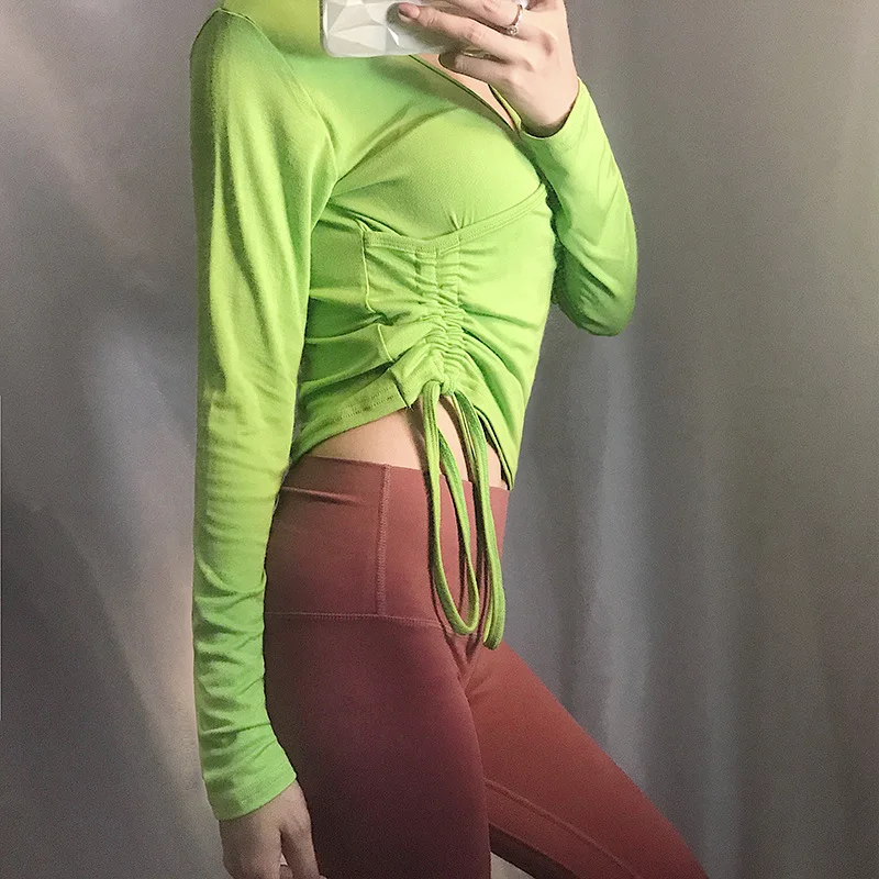 Спортивный топ Oyoo Pink Draw String черные футболки для бега с длинным рукавом хлопковый