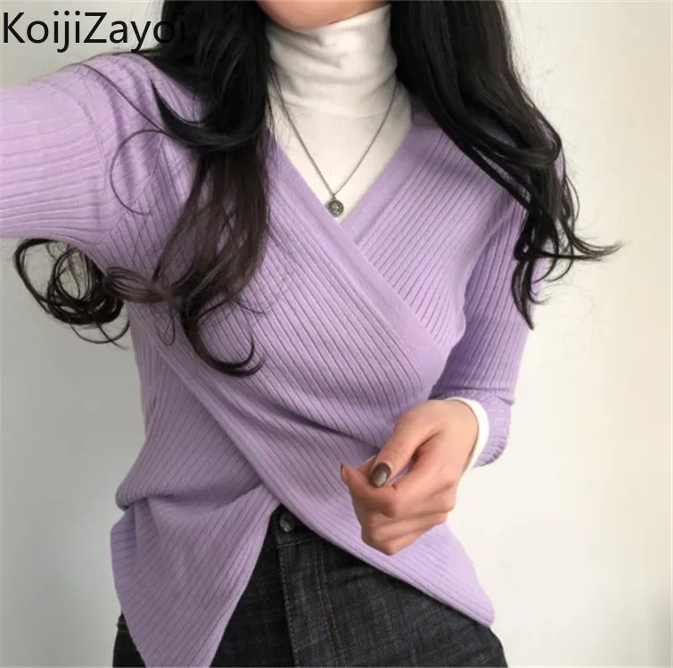 

Koijizayoi 2022 Autumn Winter Womens Sweater Elegant Cross V-Neck Short Knitted Pullovers Basic Slim Solid Bottoming Tops Female