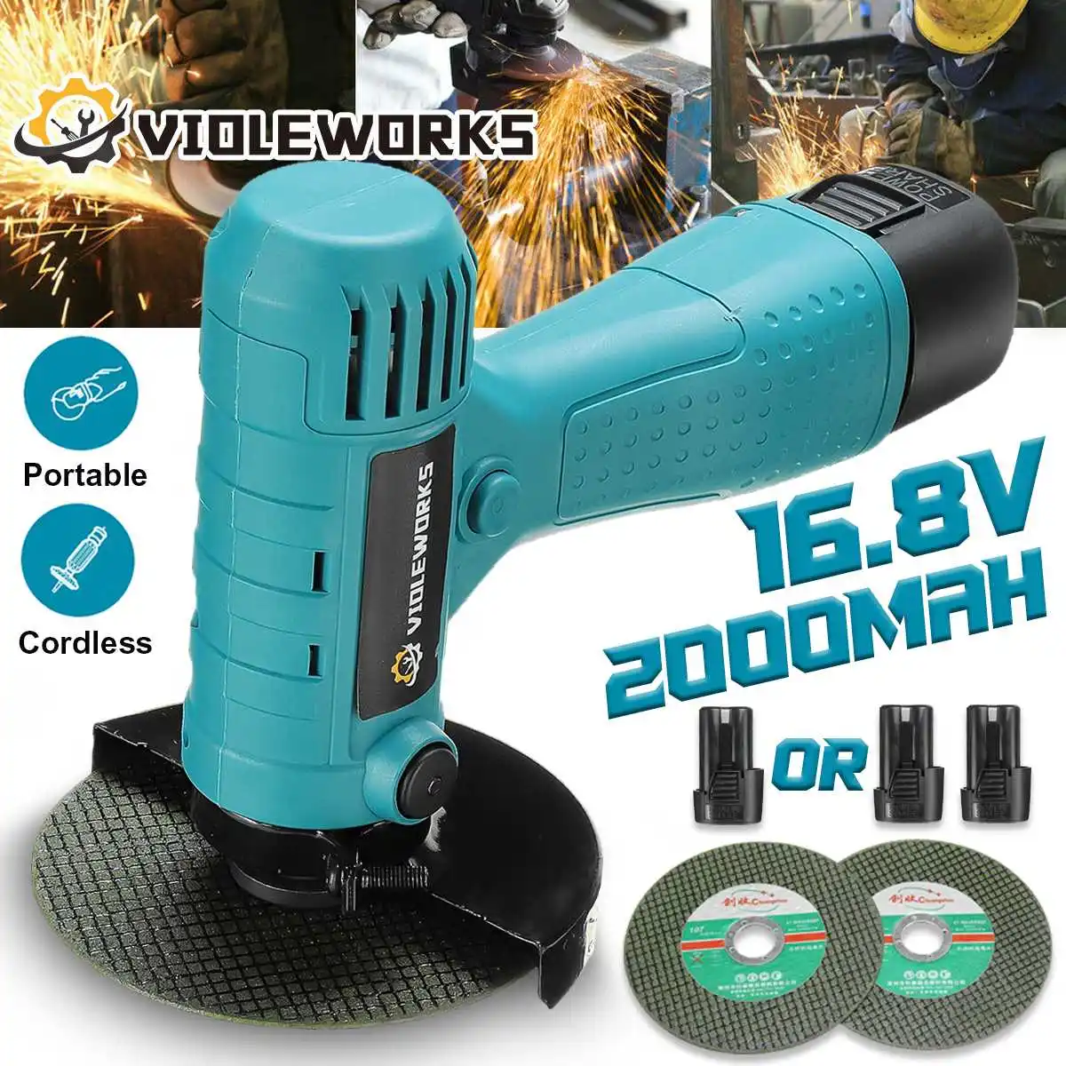 

VIOLEWORKS 16.8V Mini Angle Grinder 19500RPM Cordless Polishing Grinding Machine Diamond Cutting Electric DIY Power Tools