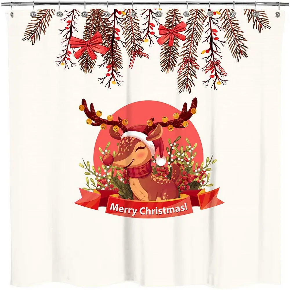 

Merry Christma Shower Curtain Lovely Reindeer Animals Bathroom Home Office New Year Holiday Decor Waterproof Polyester Screen