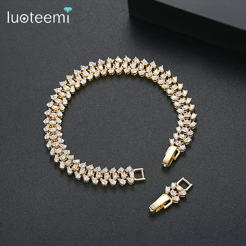 

LUOTEEMI Gold Brand Bracelet for Women Wedding Party with Shiny Cubic Zircon Gold Color Bangle Fashion Jewelry Bijoux Christmas
