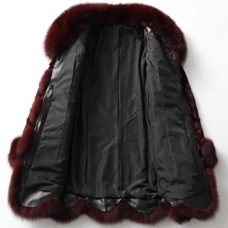 Women Fox Collar Vintage A-Line Burgundy Mink Fur Winter Coat High Quality Long Sleeves Jacket Thick Warm Silk Lining Outwear