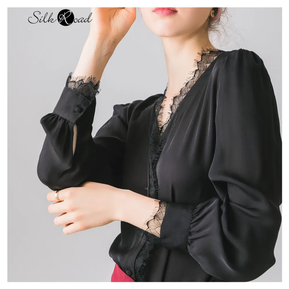 Silviye Black Sexy Lace splicing silk shirt women's long sleeve fashion women tops blusas mujer de moda 2020