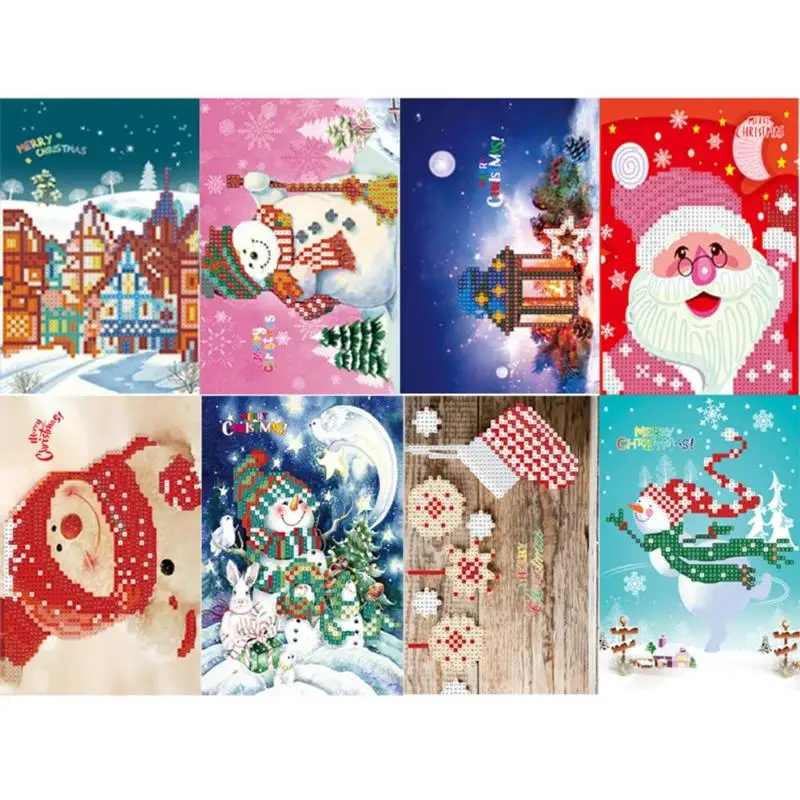 

8pcs 5D DIY Partial Round Drill Diamond Painting Xmas Greeting Cards Mosaic Kits Necessary Household Festival Decor Accessories