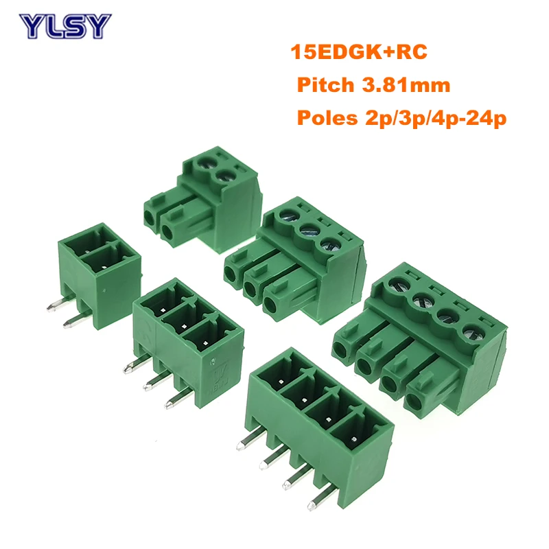 

50pcs Pitch 3.81mm Screw Plug-in PCB Terminal Block 15EDGK Right Angle Pin 2P 3P 4P Male/Female Pluggable Connector Morsettiera