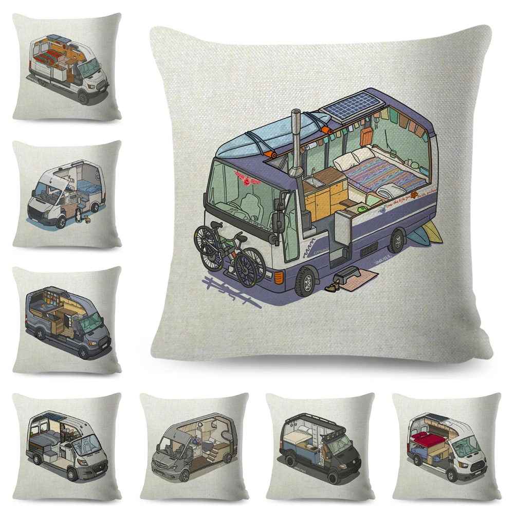

Van Life Pillow Case Decor Cartoon Camper House Travel Car Cushion Cover for Sofa Home Children Room Vanlife Pillowcase 45x45cm