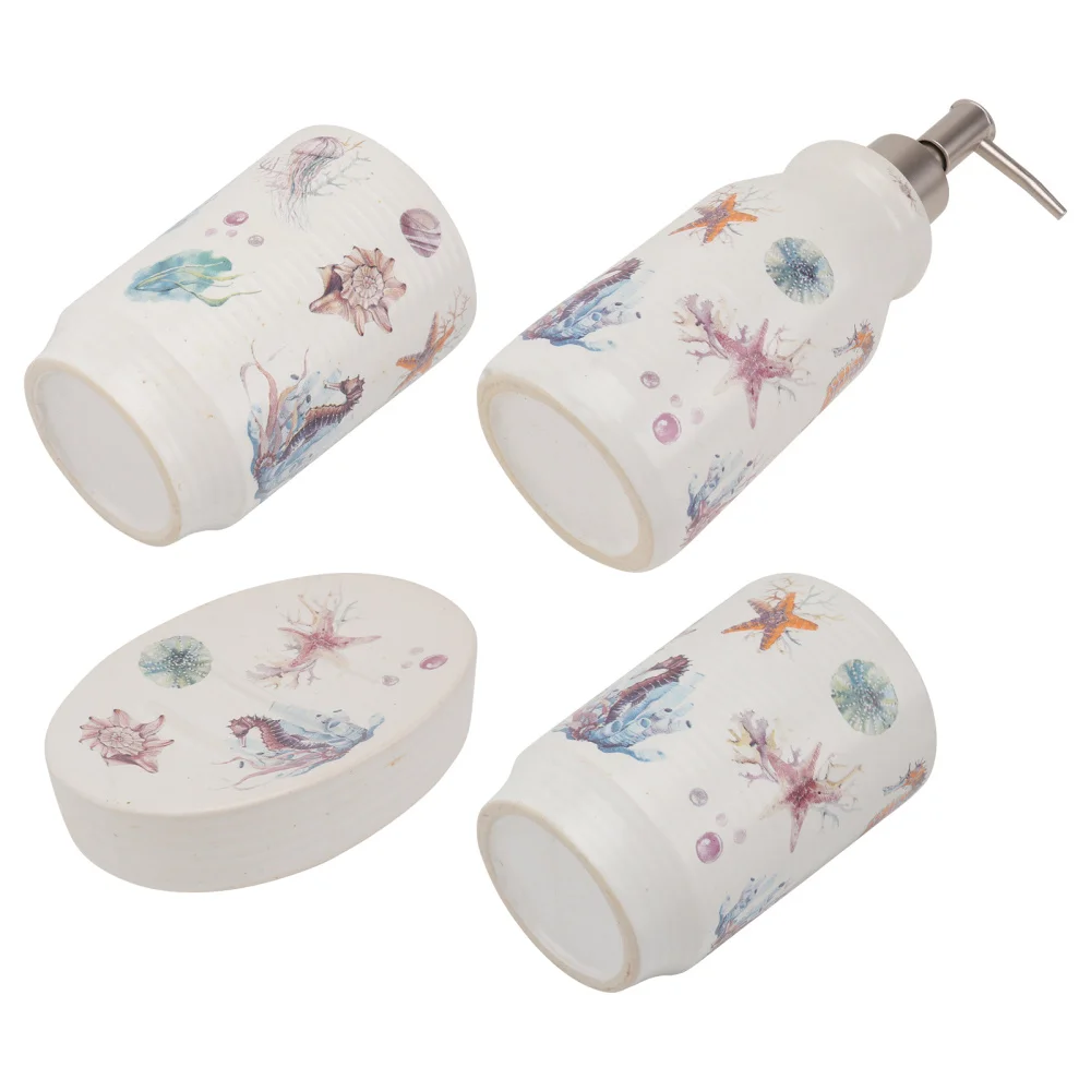 

1 Set Ceramic Tooth Mug Soap Tray Set Marine Animal Printed Washing Supplies Set