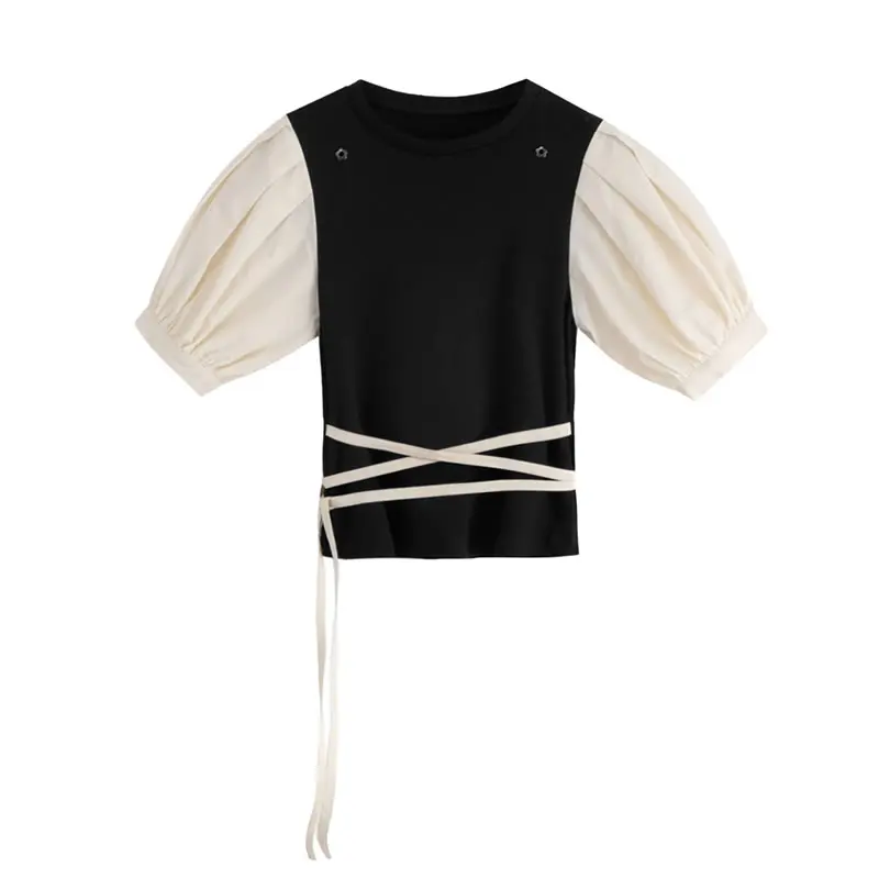 Футболка женская черная трикотажная с рукавами-фонариками и круглым вырезом |