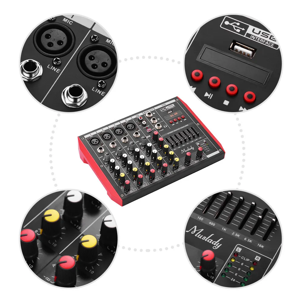 

Muslady D6 6-Channel Mixing Console Mixer 7-band EQ Built-in48V Phantom Power Supports BT Connection USB MP3 Player for Karaoke