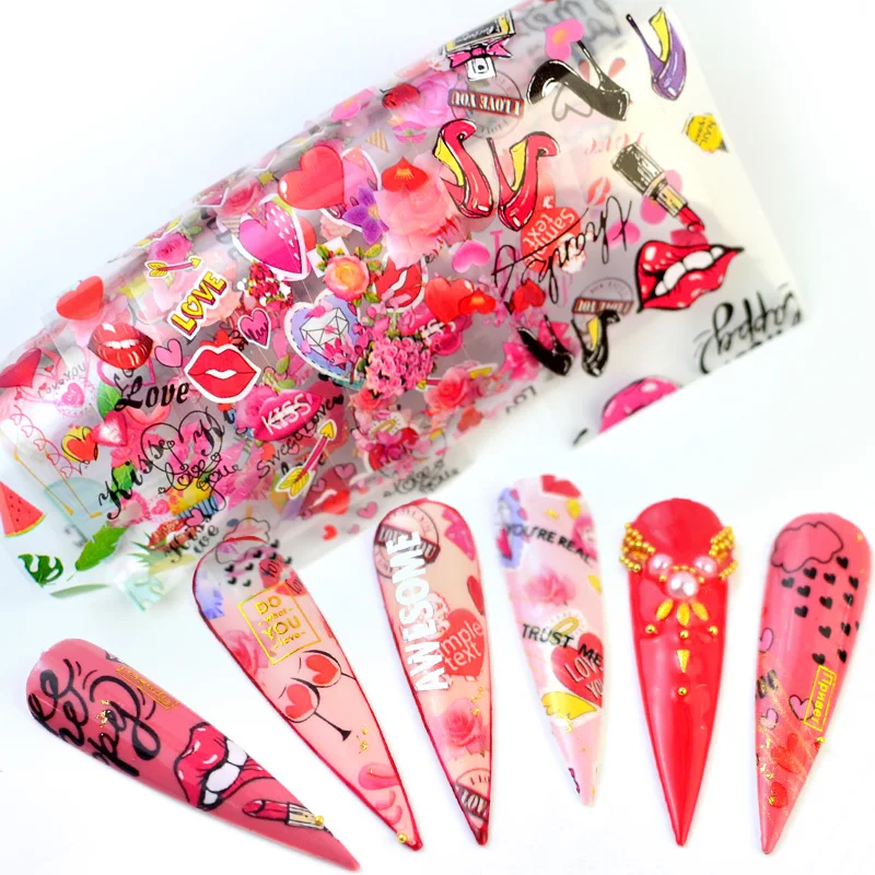 

2022 10PCS/Pack Lips Love Valentine Nail Transfer Foils Nail Art Polish Wraps Decals DIY Nail Beauty Stickers Accessories