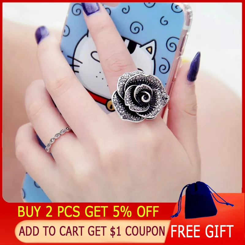 Женское Винтажное кольцо SINLEERY с большим черным кристаллом в виде цветка розы