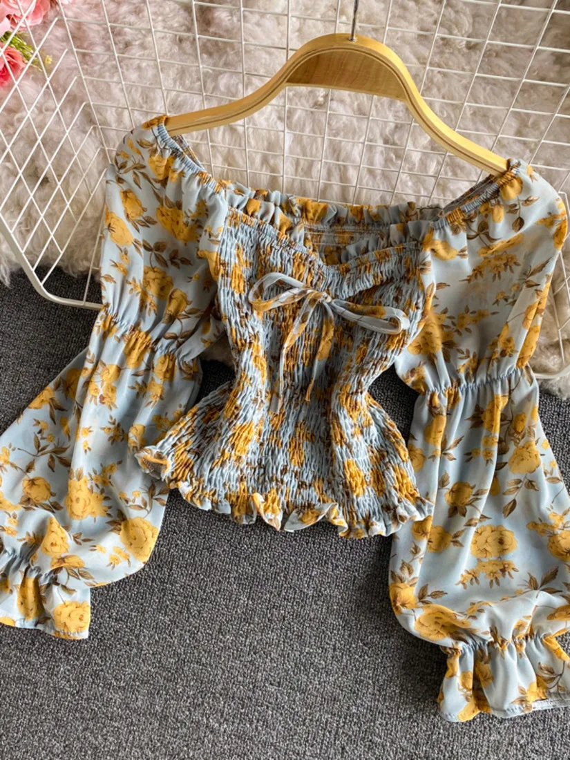 

New French Girl's Sweet Square Neck Floral Printed Crop Top 2021 Summer Autumn Chiffon Shirt Woman Work Holiday Beach Blouse