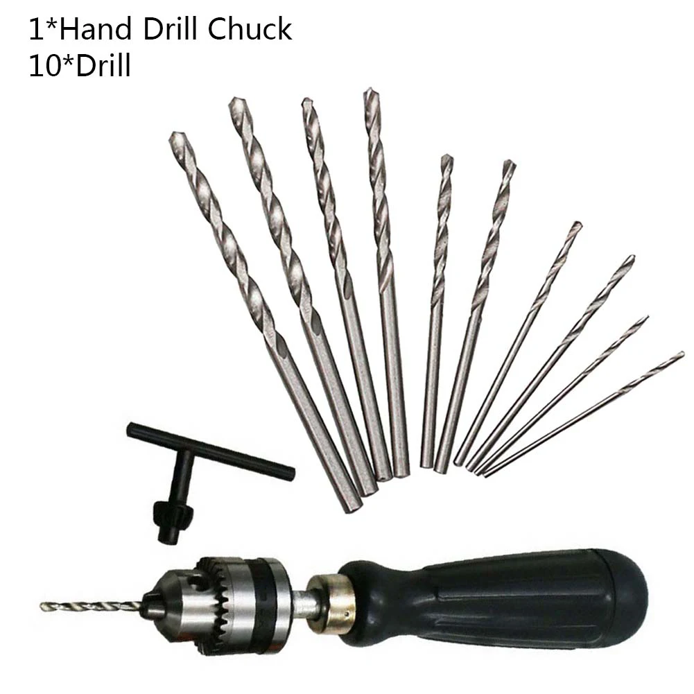 

185mm Hand Drill And 10pcs Drill Bit Set Mini Tiny Micro HSS Drill Bits Keyless Chuck 0.6-6mm 1/1.5/2/2.5/3mm Power Tools Parts
