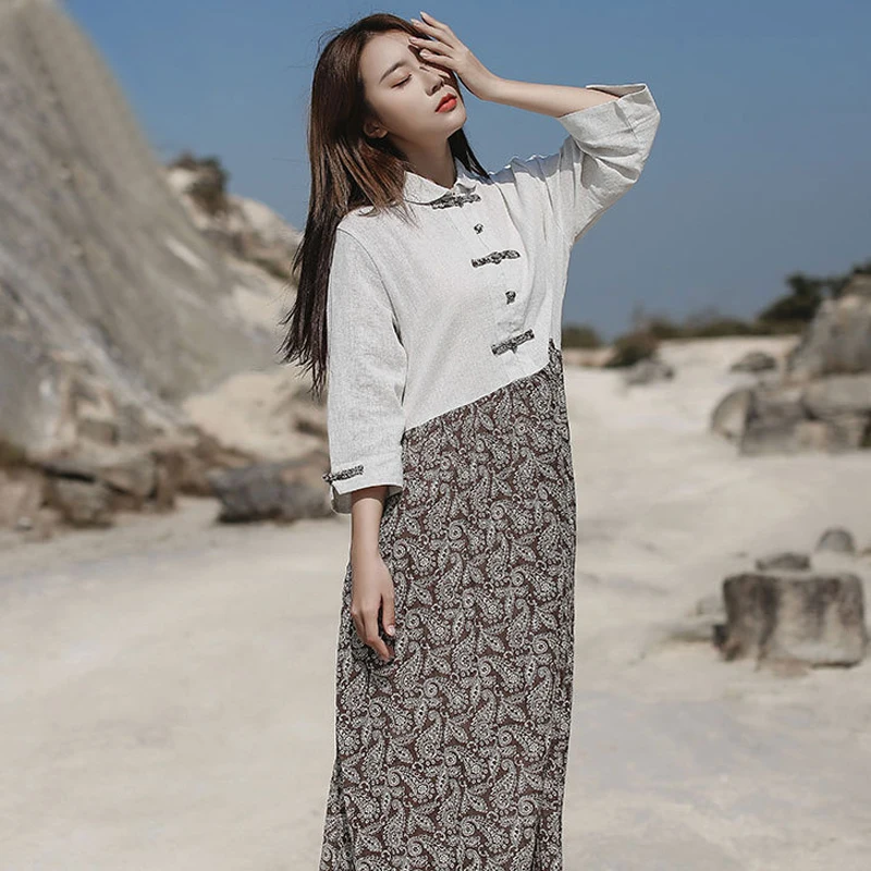 Женское винтажное платье с цветочным принтом Johnature хлопковое льняное