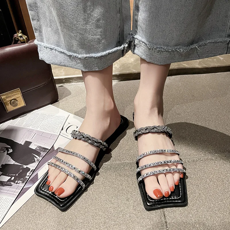 

Shoes Women Ladies' Slippers Pantofle Low Shallow Glitter Slides Soft Summer 2021 Flat Jelly PU Rome Crystal Basic Flat Shoes F