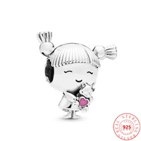 real 925 sterling silver cute with pigtails little girl charm beads fit original brand bracelet feminine diy fine jewelry gift