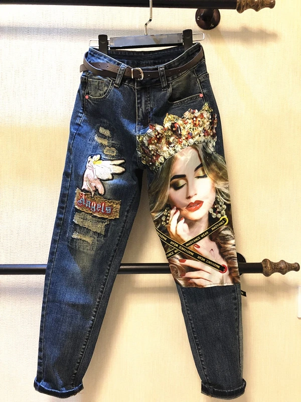 Весна Осень 2020 модные красивые джинсы с вышивкой женские обтягивающие карандаш