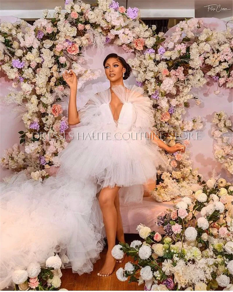 

High Low Prom Dresses 2021 Sweetheart Ruffles White Tulle Short Front Long Back Party Dresses Graduation Evening Gowns