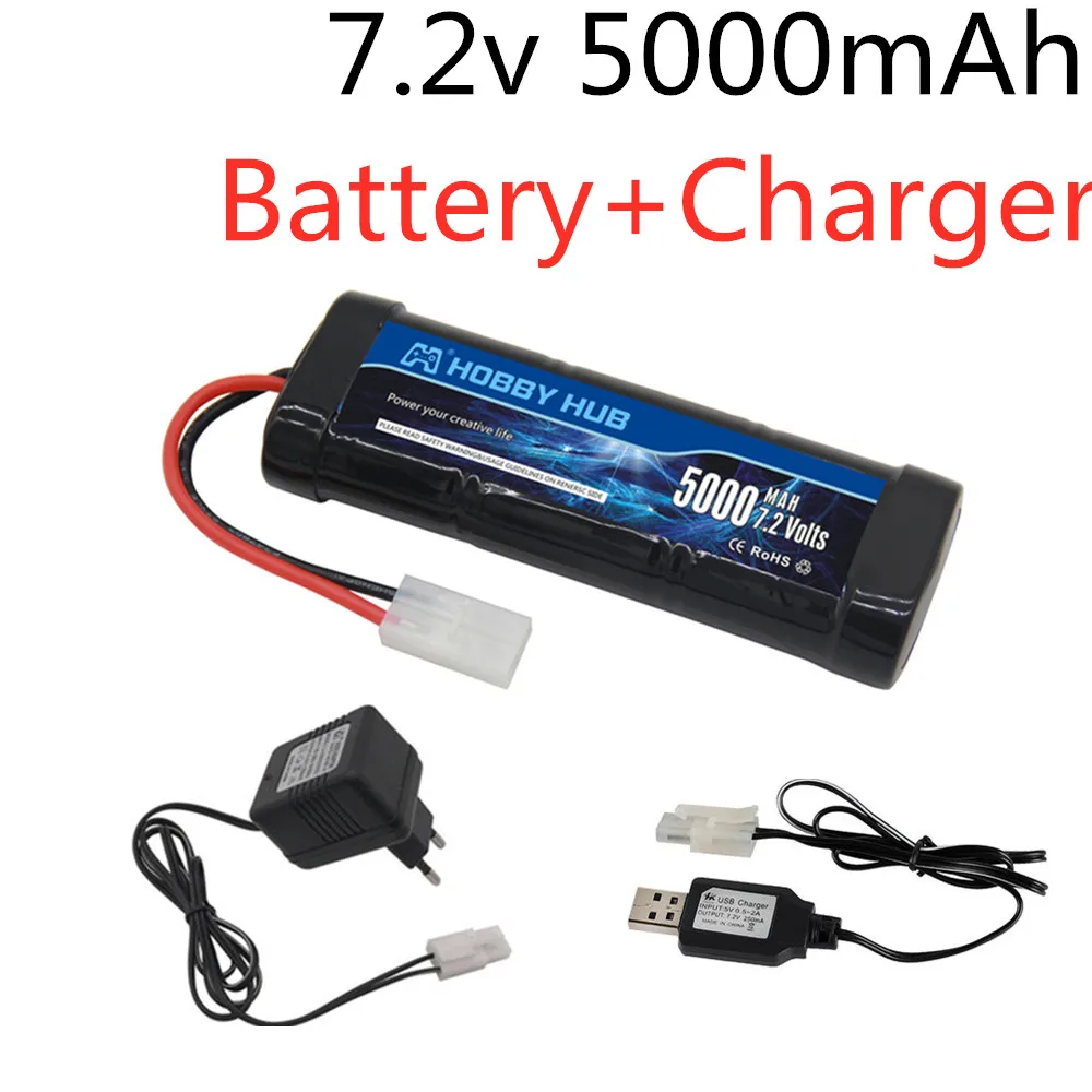 Paquete de bater&iacute;a Ni-MH de 7,2 V y 5000mAh con enchufe Tamiya, cargador de 7,2 v y bater&iacute;a SC * 6 celdas para coches de carreras RC, barcos, juguetes RC-0