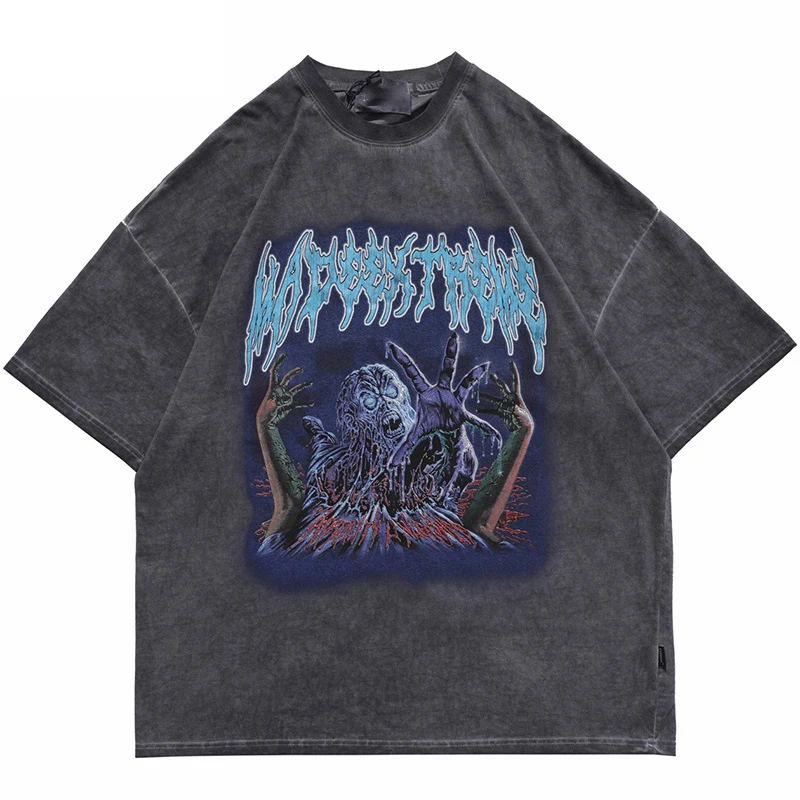 

Men Hip Hop Oversize Washed T-Shirt 2021 Streetwear Monster Print T Shirt Harajuku Cotton Loose Summer Short Sleeve Tshirt Gray