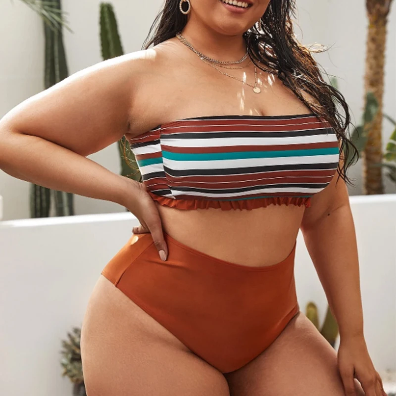 

Striped Plus Size Women's 2 Pieces Bandeau Bikini Swimsuit Large Size Off Shoulder High Waist Bathing Suit High Cut Swimwear 4XL