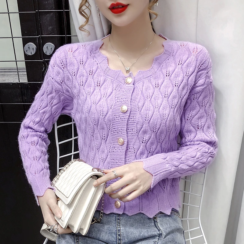 

Однотонный кардиган, женский свитер, осенне-зимний кружевной свитер с вырезами, осенне-зимний вязаный кардиган 2021, осенний короткий стиль, т...