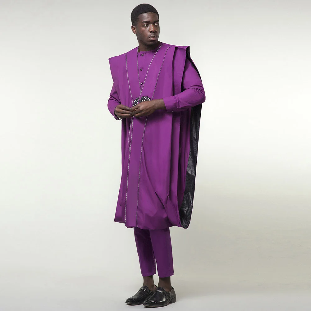 SUNGIFT Men's African Stylish Clothing Printed Agbada Dashiki Top Shirts and Pants Boubous Slim Fit Breathable Outfits 3 Pieces