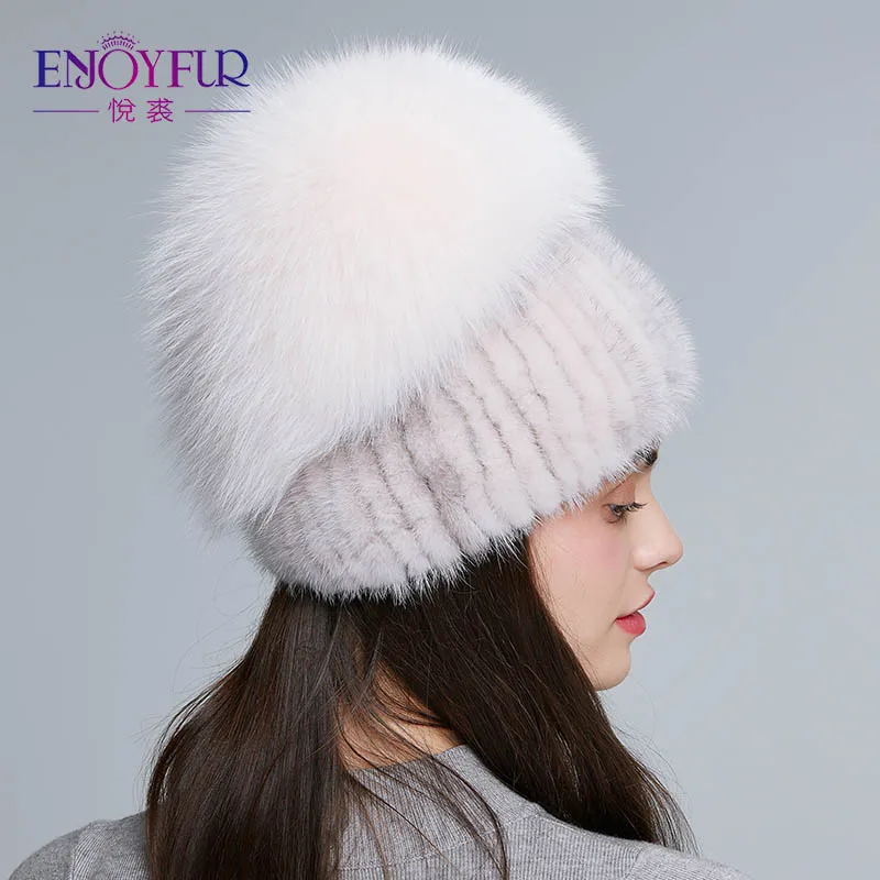 Enjoyfur норки Мех Шапки для Для женщин Натуральный мех зимние Стразы высокое
