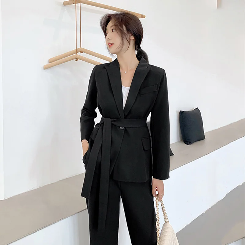 Black pants suit New Arrival Women Notched Long Sleeve Blazer With Belt Straight Long Pants 2 Piece Set Female Caramel Casual Pants Suit S98302F - Цвет: Black pants suit
